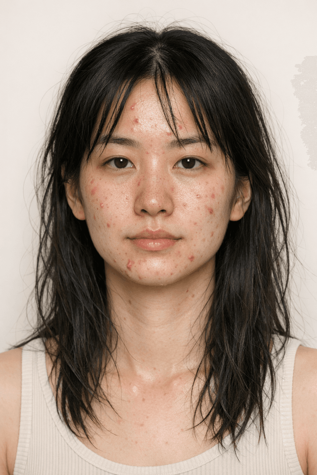 A woman's skin before Peony — acne and dullness